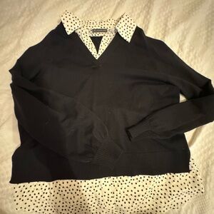 Adrianna Papell Black V-Neck Sweater with Polka Dot Accents